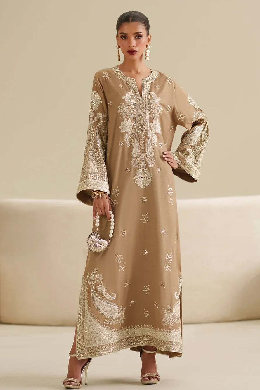Dune Beige: Embroidered Raw Silk Kaftan | Ready To Wear