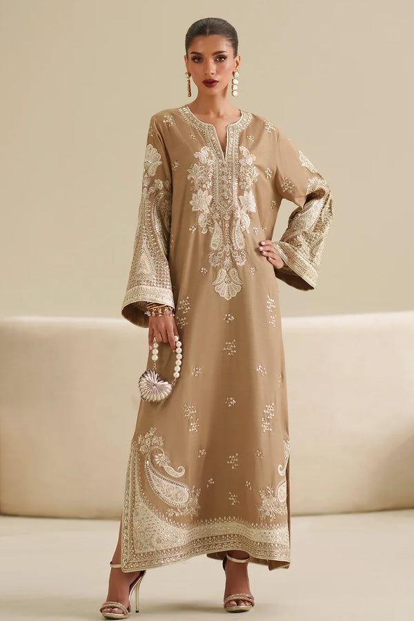 Dune Beige: Embroidered Raw Silk Kaftan | Ready To Wear