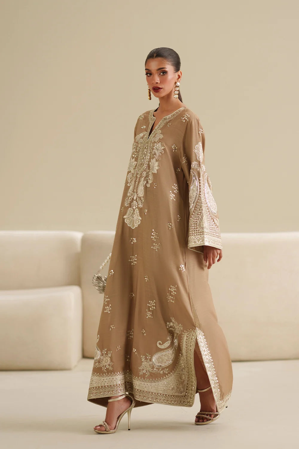 Dune Beige: Embroidered Raw Silk Kaftan | Ready To Wear
