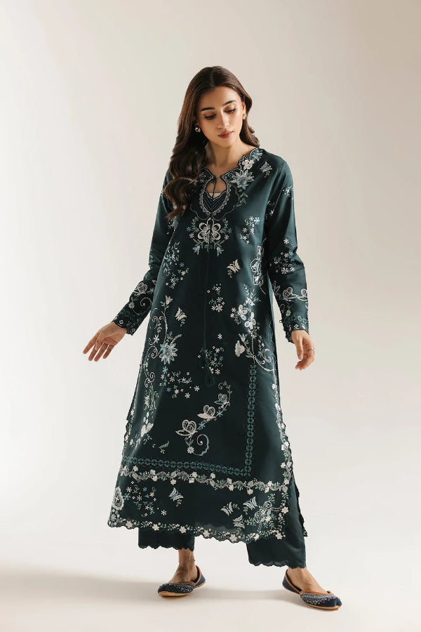 Deep Emerald Green & Ivory Embroidered 2-Piece Silk Suit | Ready To Wear