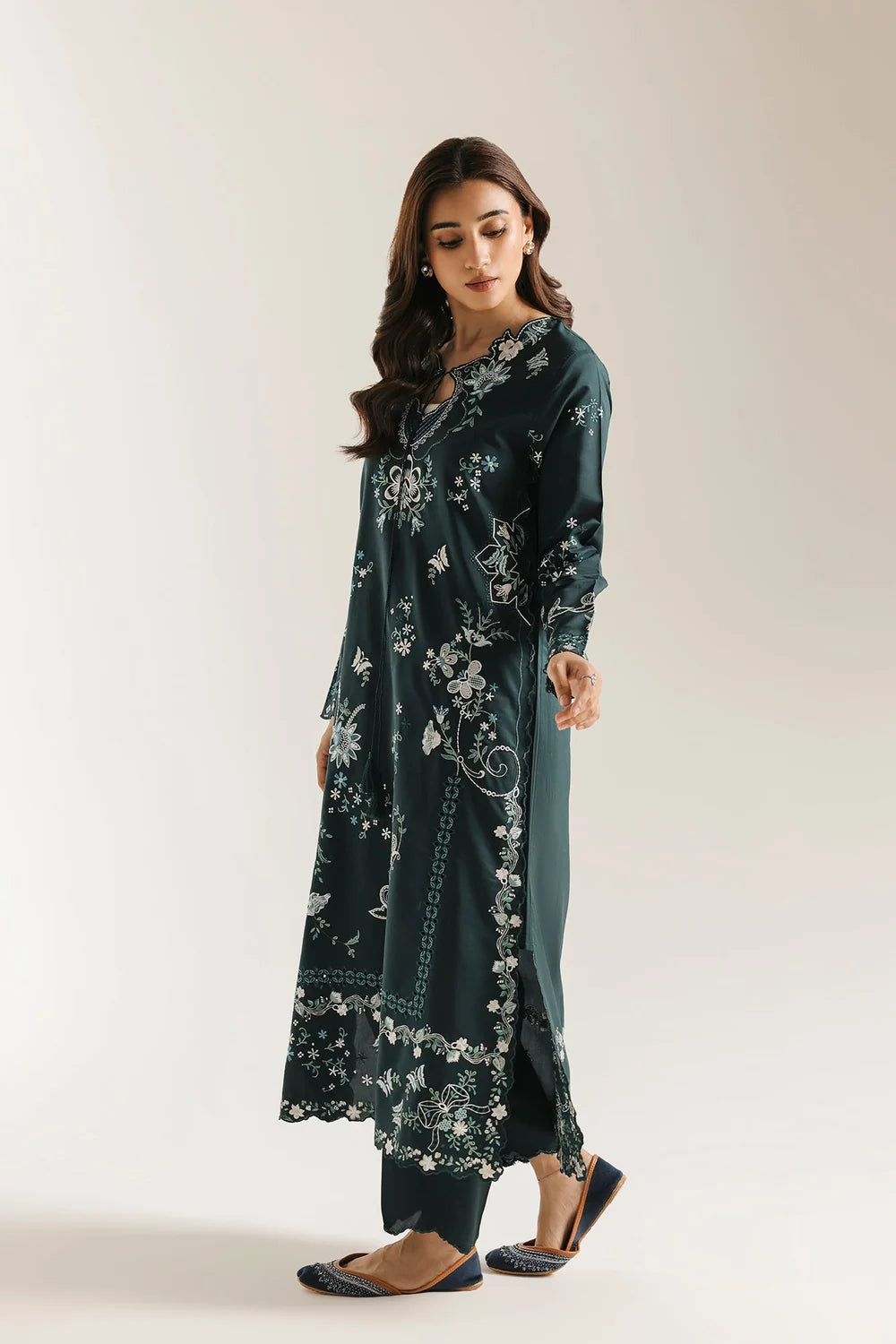 Deep Emerald Green & Ivory Embroidered 2-Piece Silk Suit | Ready To Wear