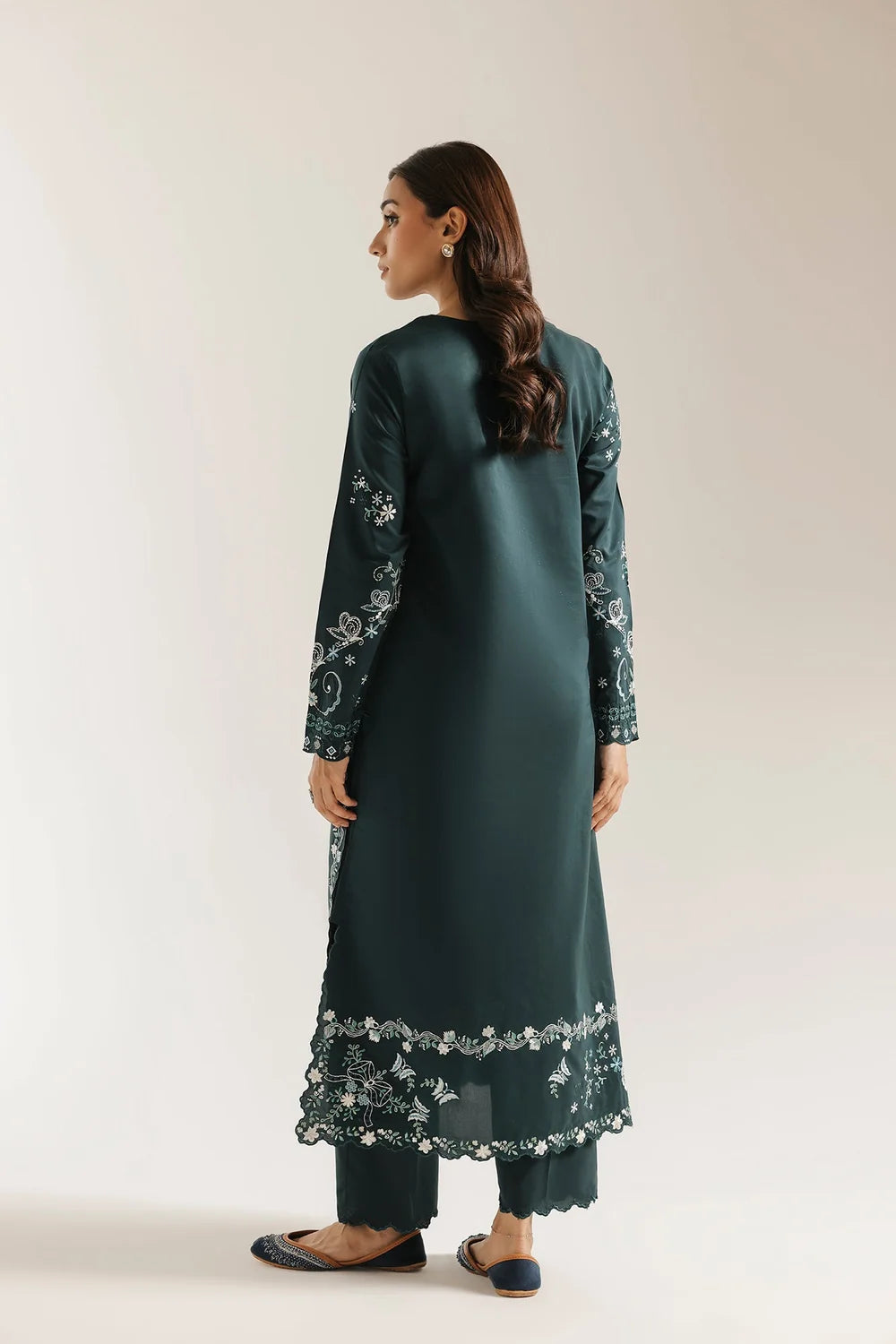 Deep Emerald Green & Ivory Embroidered 2-Piece Silk Suit | Ready To Wear