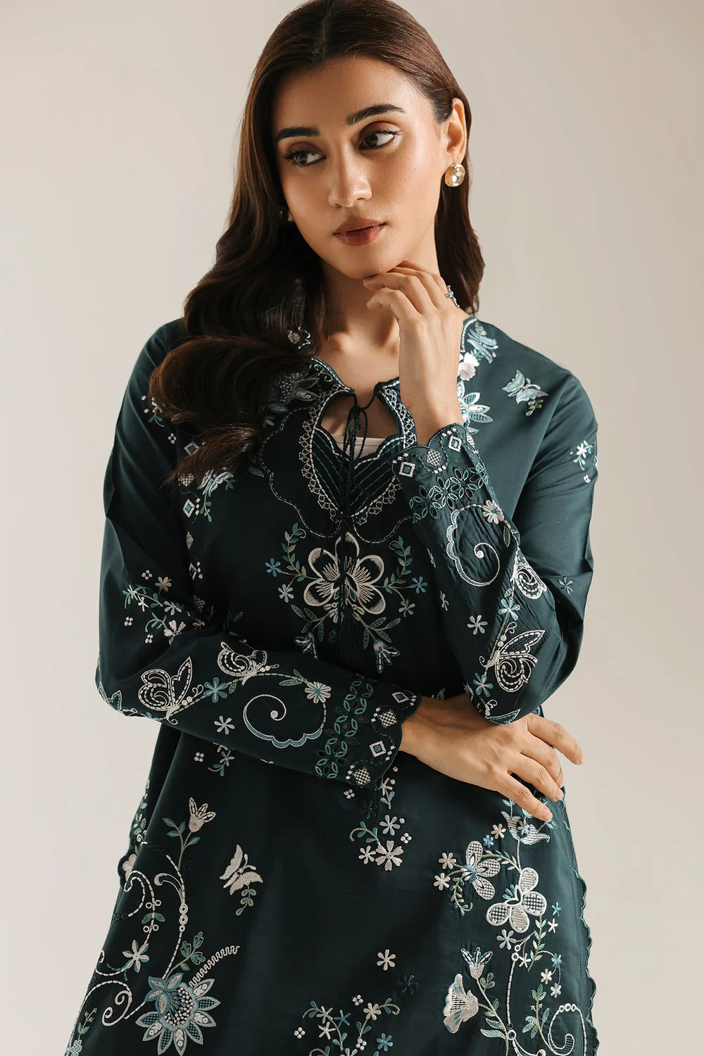 Deep Emerald Green & Ivory Embroidered 2-Piece Silk Suit | Ready To Wear