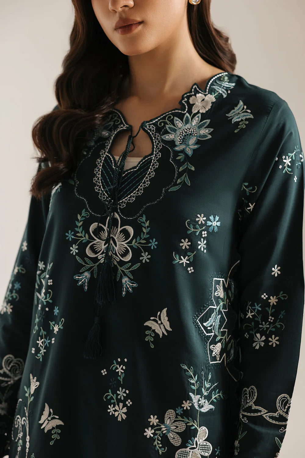 Deep Emerald Green & Ivory Embroidered 2-Piece Silk Suit | Ready To Wear
