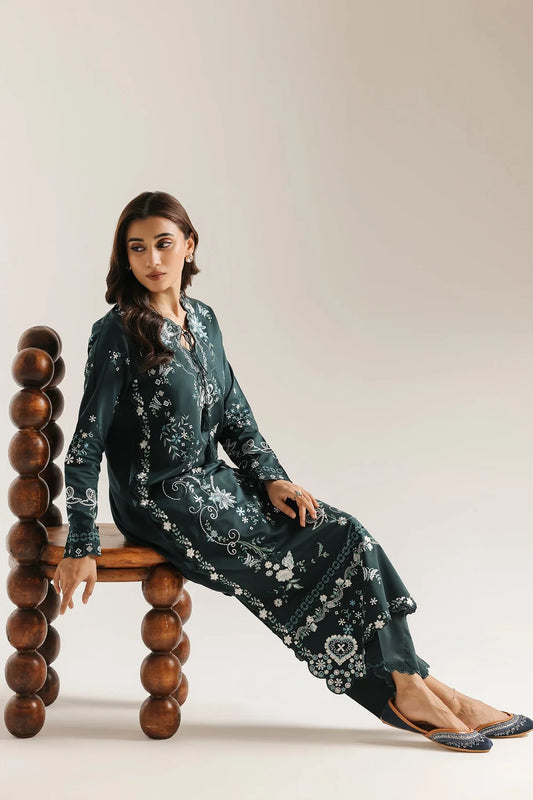 Deep Emerald Green & Ivory Embroidered 2-Piece Silk Suit | Ready To Wear