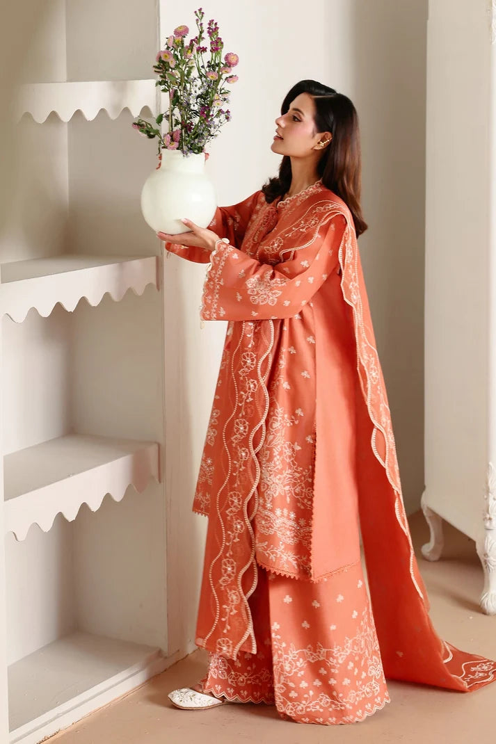 Warm Burnt Peach & White Floral Accent: Embroidered Lawn Suit | Ready To Wear