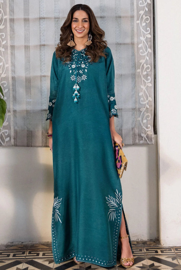 The Teal Lagoon: Silk Embroidered Long Kaftan Kurta | Ready To Wear