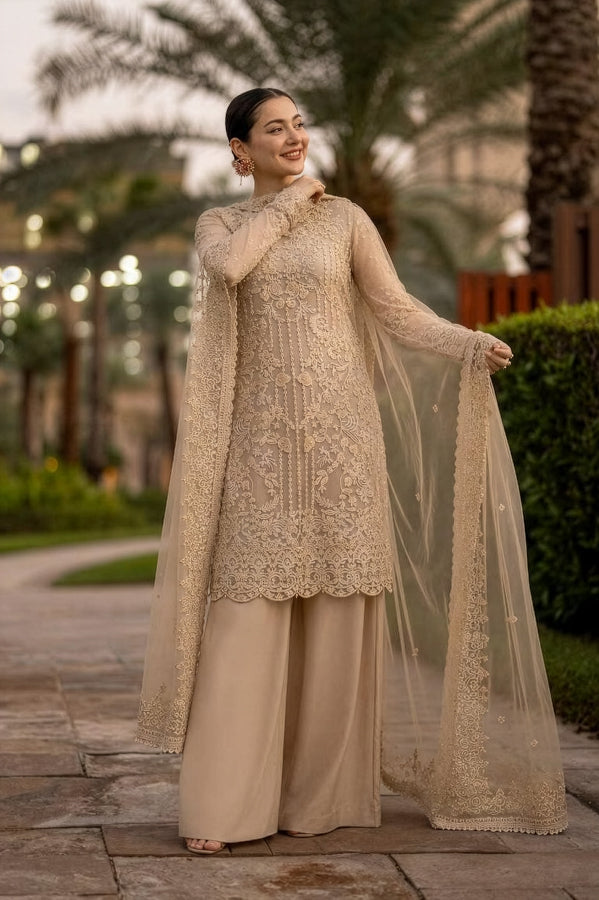 Champagne Gold & Beige: Heavy Embroidered Organza Suit | Ready To Wear