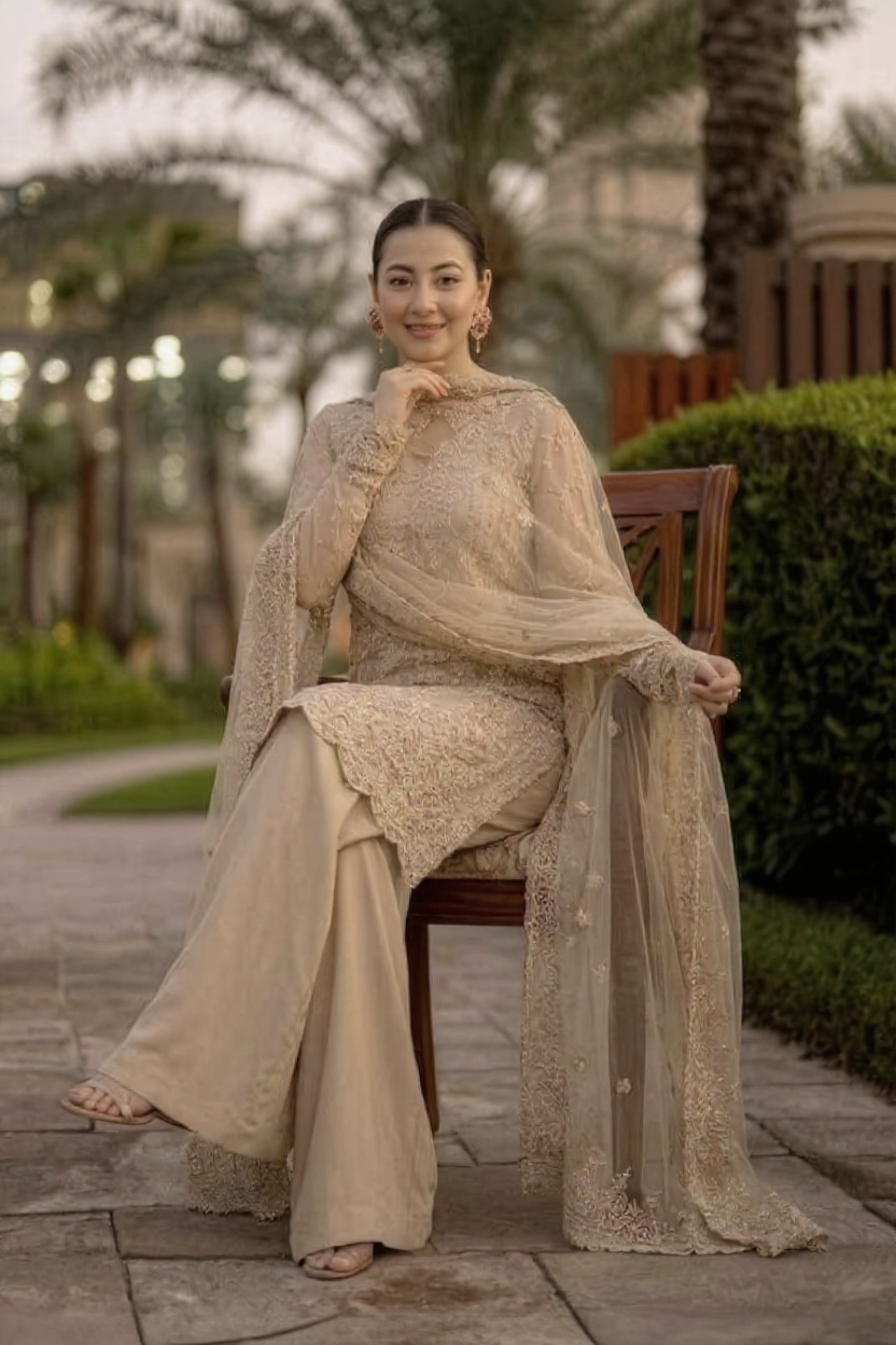 Champagne Gold & Beige: Heavy Embroidered Organza Suit | Ready To Wear