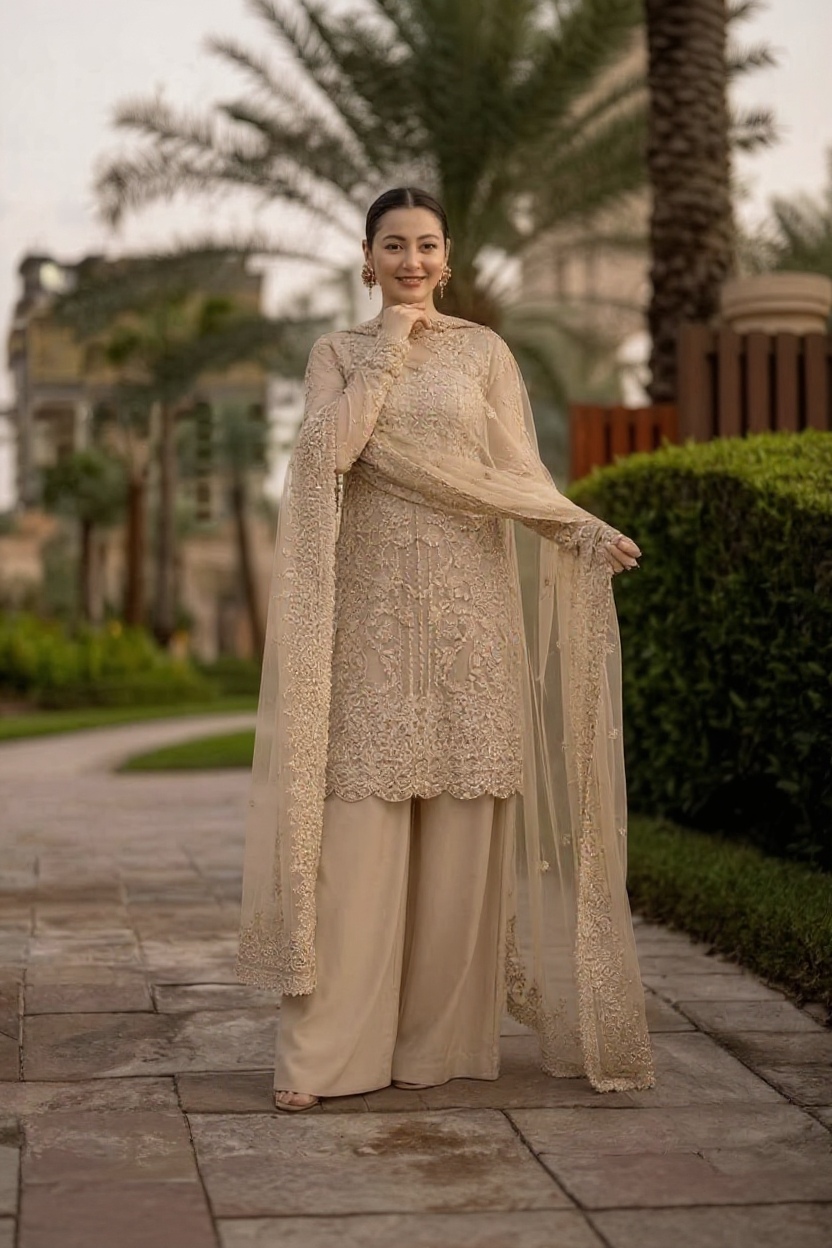 Champagne Gold & Beige: Heavy Embroidered Organza Suit | Ready To Wear