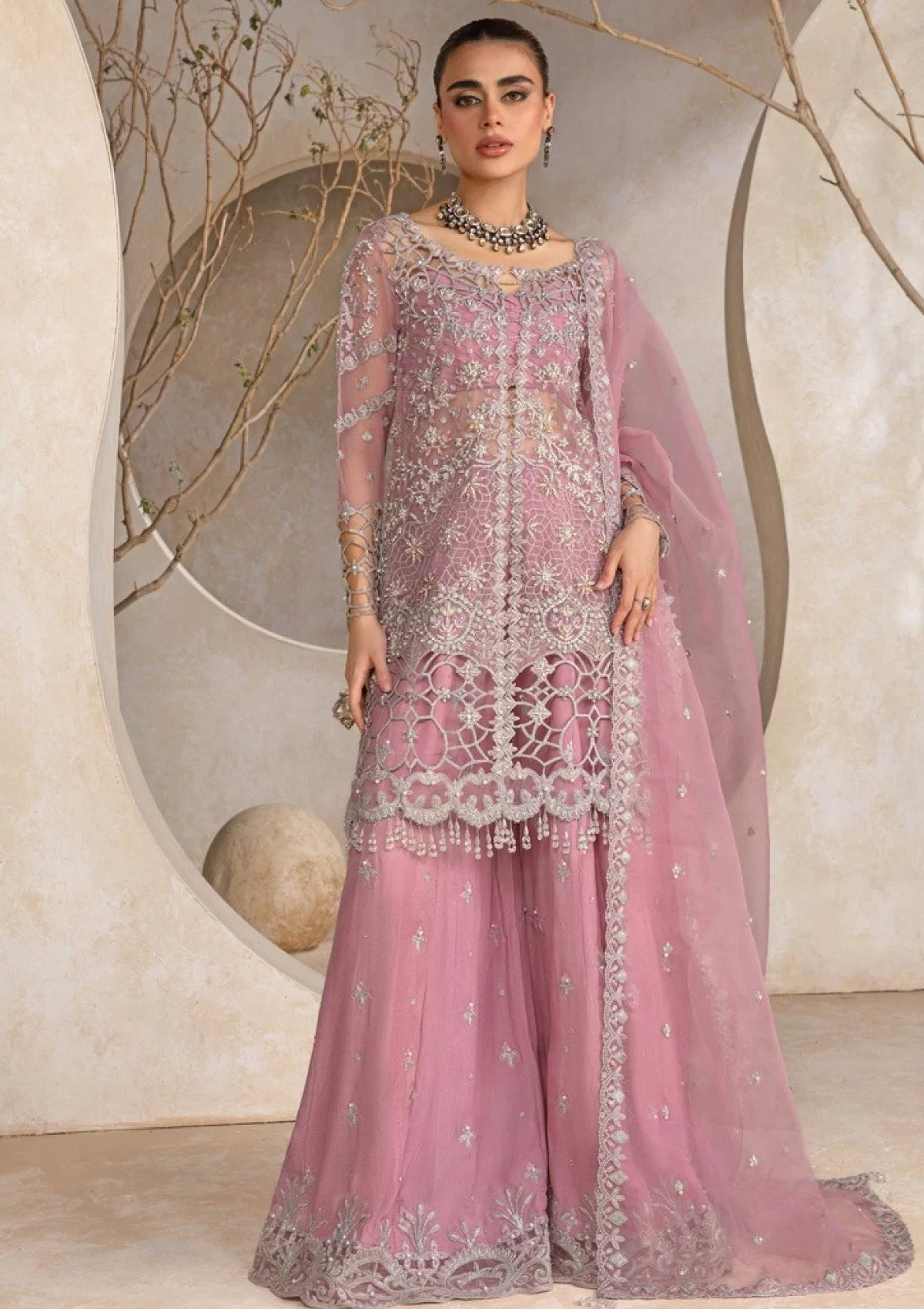 Lilac Mauve & Silver Sparkle: Embroidered Organza Suit | Ready To Wear