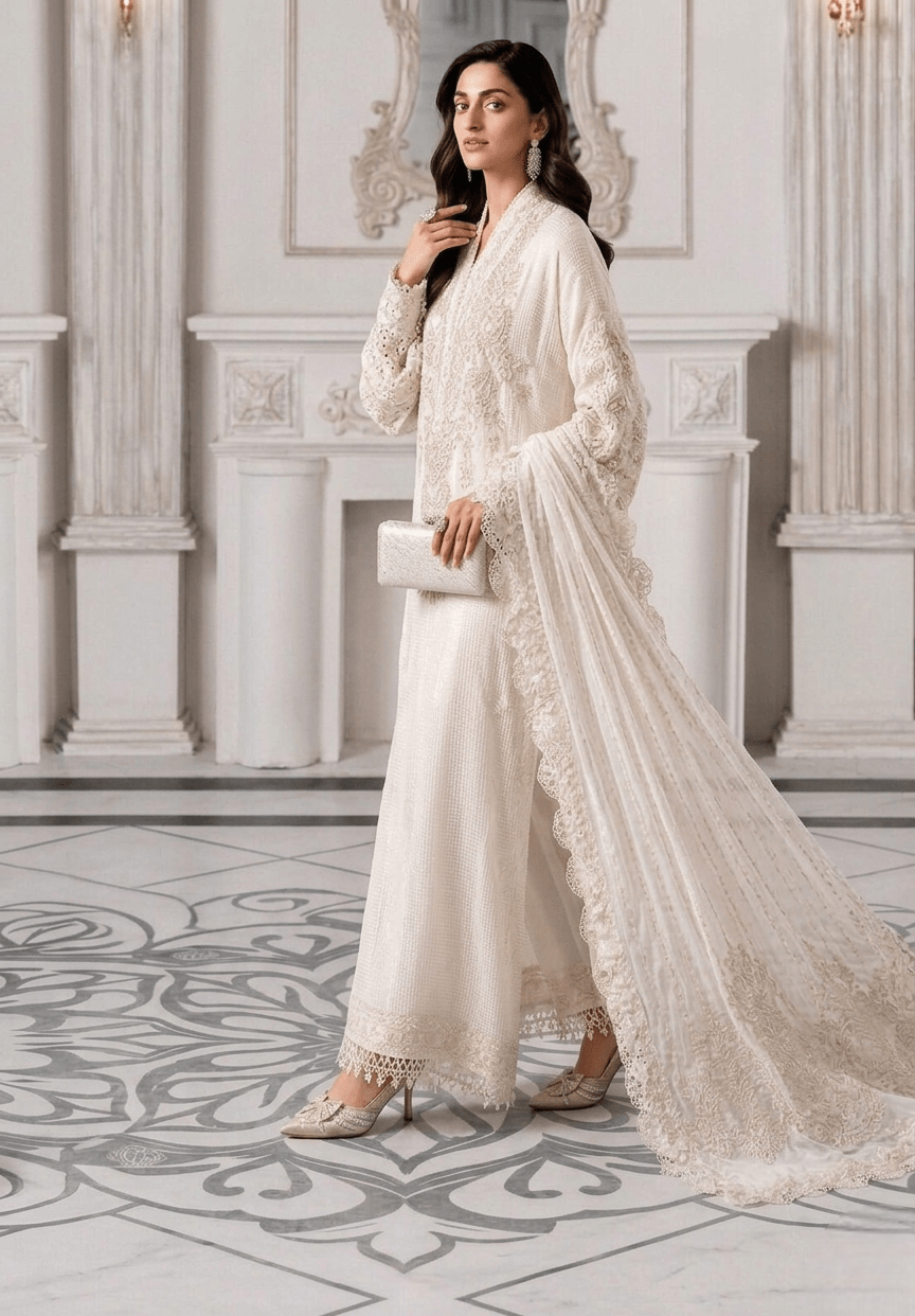 Pristine Ivory & Pearl White Embroidered Chiffon Suit | Ready To Wear