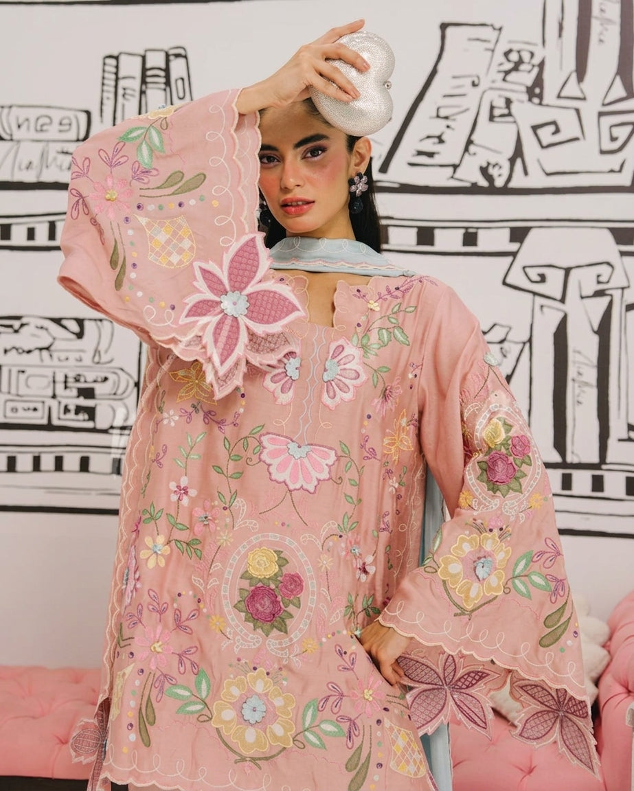 Pastel Pink & Ice Blue Accent: Embroidered Cotton Suit | Ready To Wear