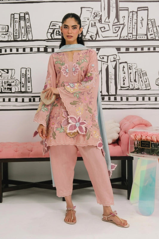 Pastel Pink & Ice Blue Accent: Embroidered Cotton Suit | Ready To Wear