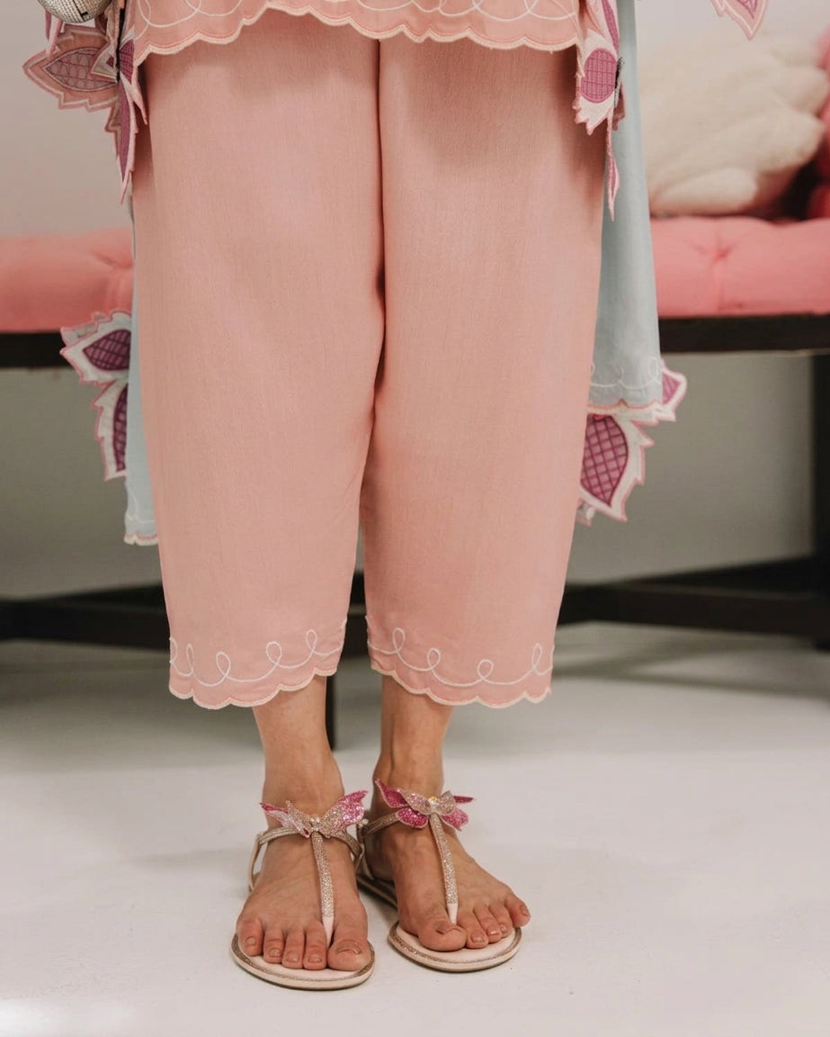 Pastel Pink & Ice Blue Accent: Embroidered Cotton Suit | Ready To Wear