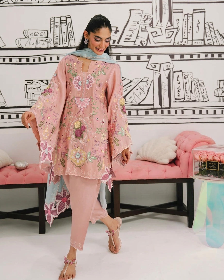 Pastel Pink & Ice Blue Accent: Embroidered Cotton Suit | Ready To Wear