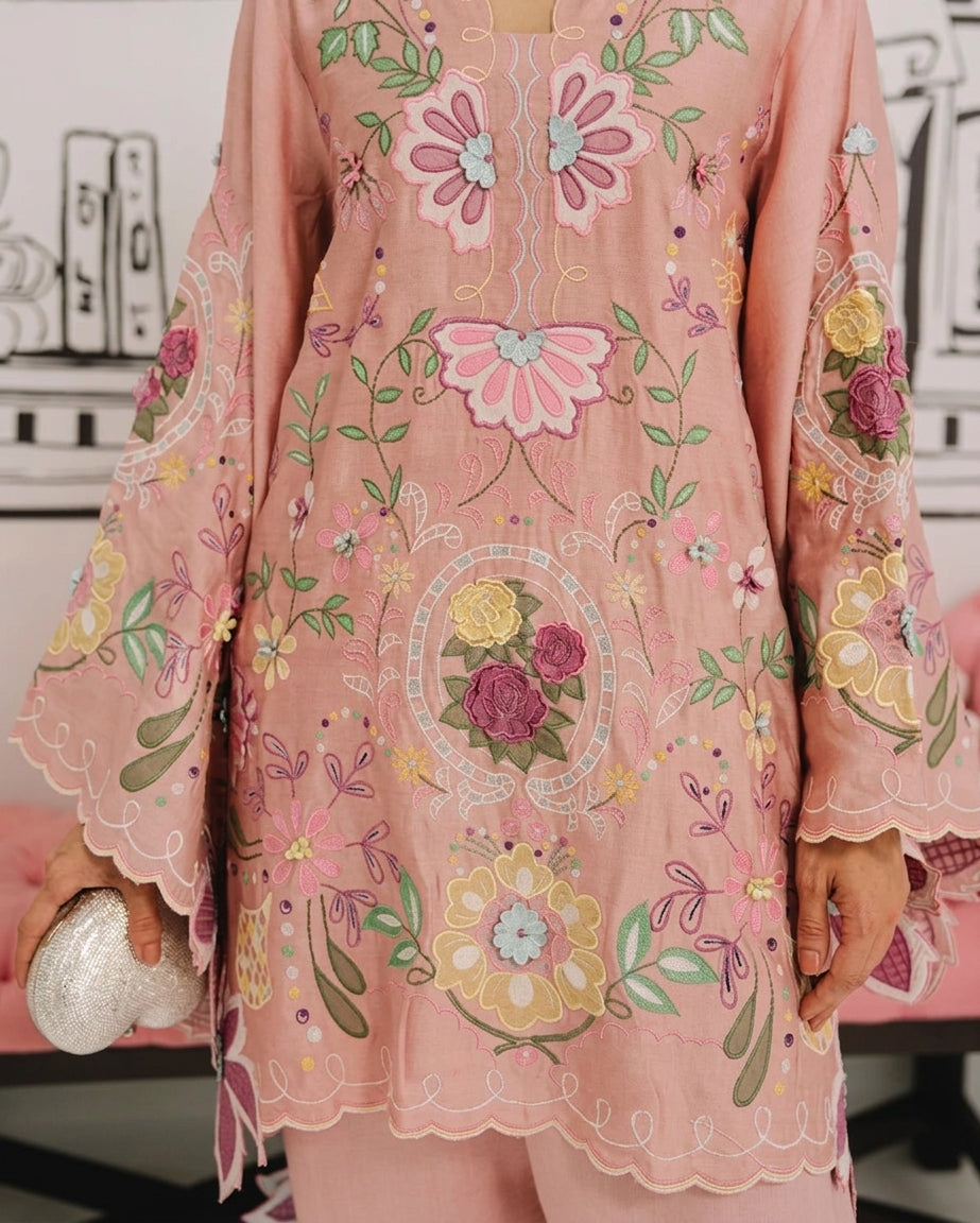 Pastel Pink & Ice Blue Accent: Embroidered Cotton Suit | Ready To Wear