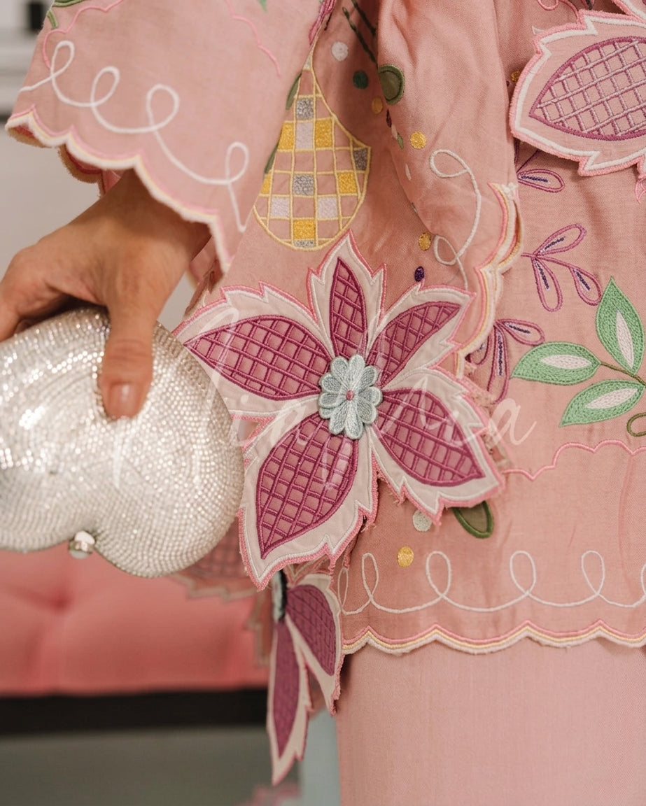 Pastel Pink & Ice Blue Accent: Embroidered Cotton Suit | Ready To Wear