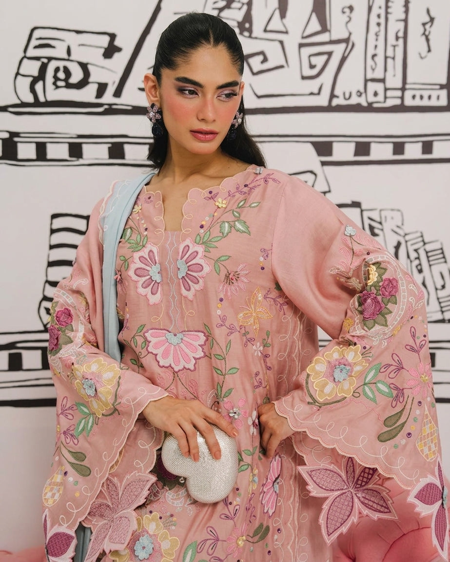 Pastel Pink & Ice Blue Accent: Embroidered Cotton Suit | Ready To Wear