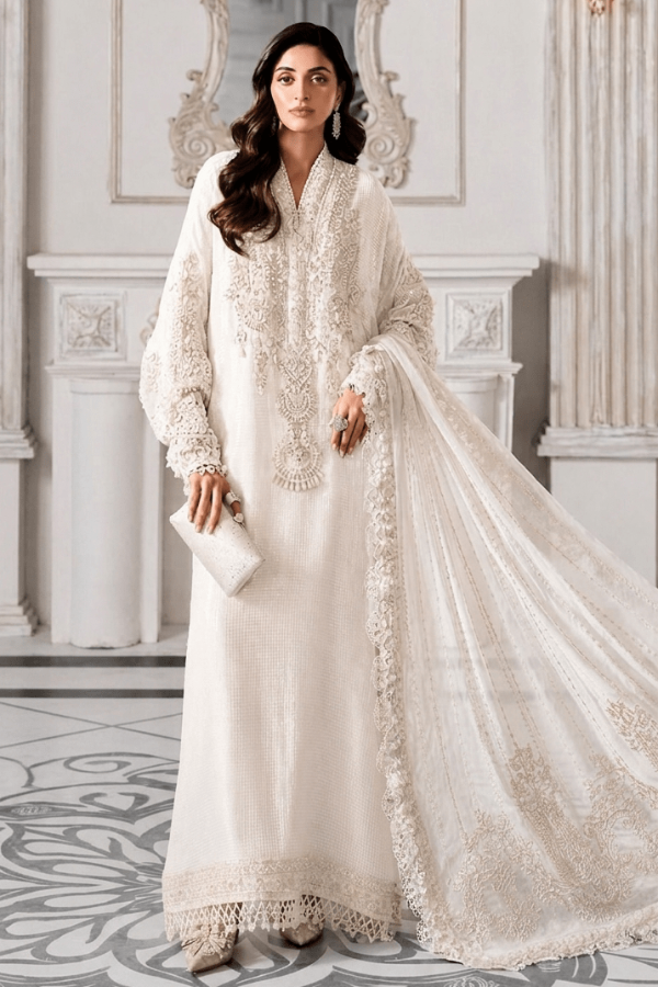 Pristine Ivory & Pearl White Embroidered Chiffon Suit | Ready To Wear