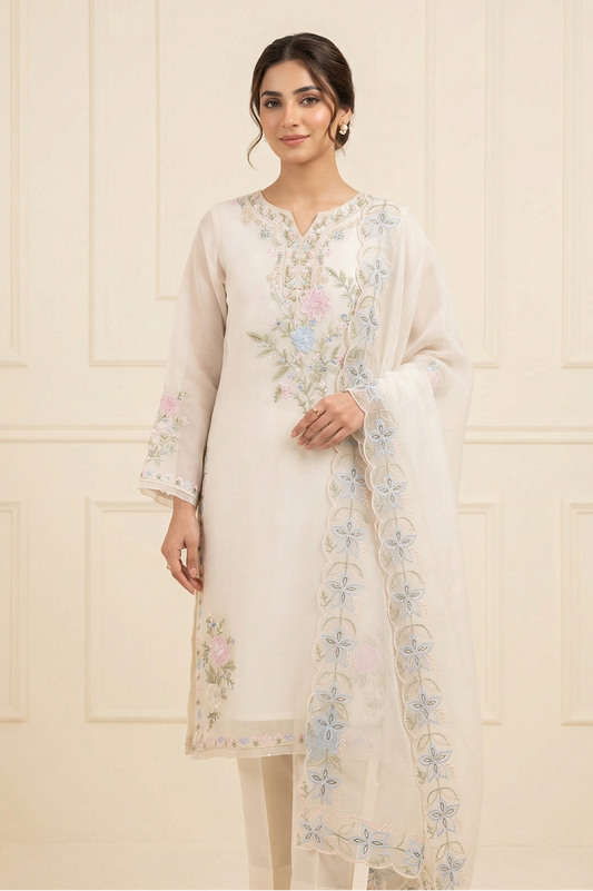 03-Piece Organza Suit With Embroidery - Ready To Wear