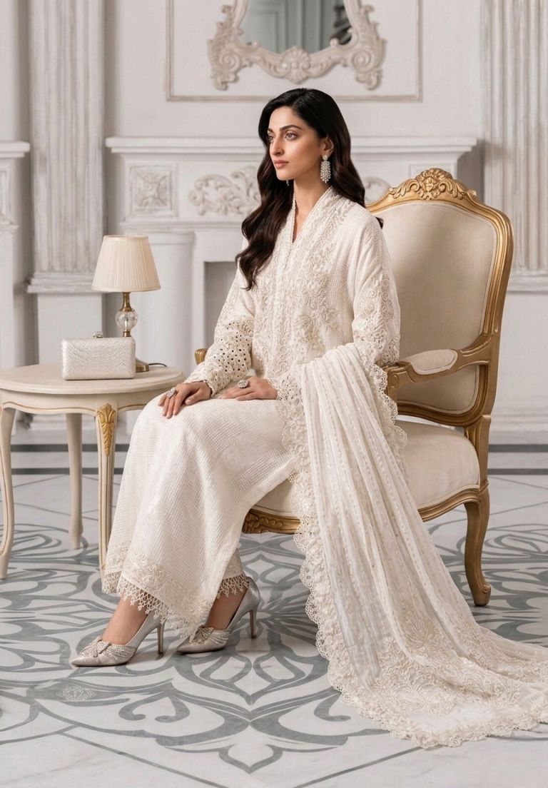 Pristine Ivory & Pearl White Embroidered Chiffon Suit | Ready To Wear