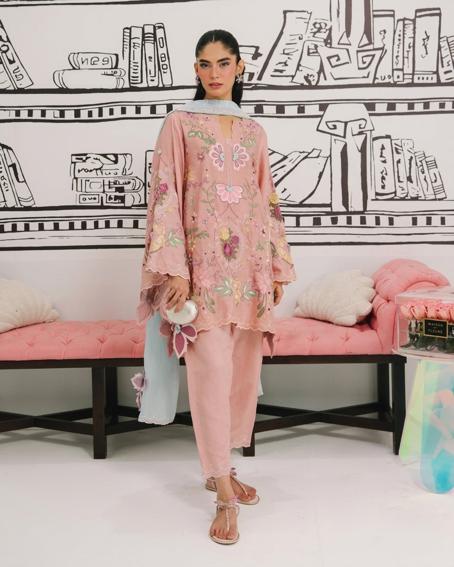 Pastel Pink & Ice Blue Accent: Embroidered Cotton Suit | Ready To Wear