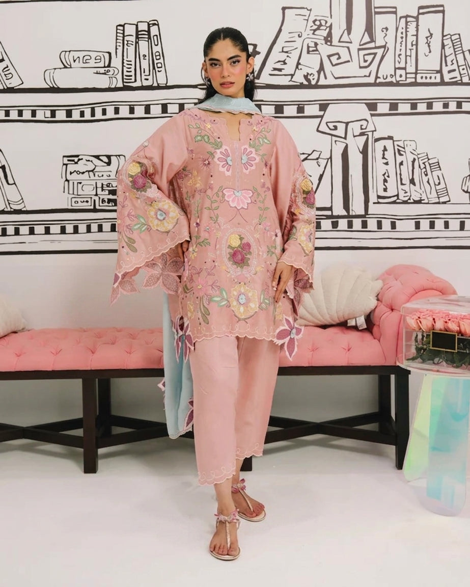 Pastel Pink & Ice Blue Accent: Embroidered Cotton Suit | Ready To Wear