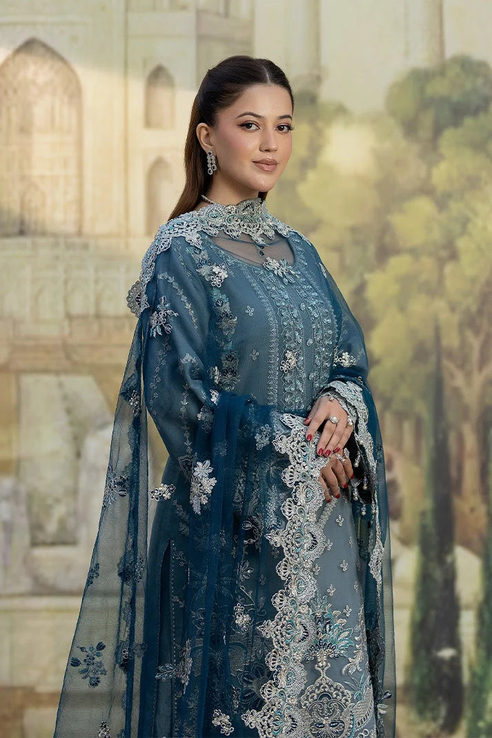 Muted Blue Embroidered Chiffon Suit With Peacock Blue Dupatta | Ready To Wear