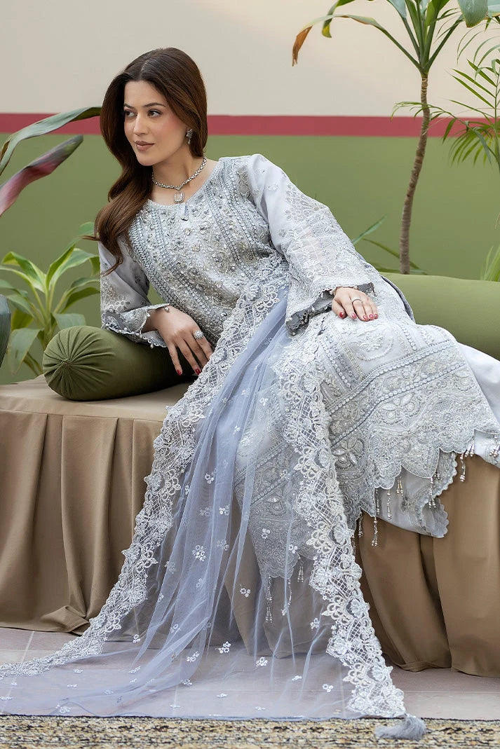 Soft Icy Grey & Silver Embroidered Organza Suit | Ready To Wear