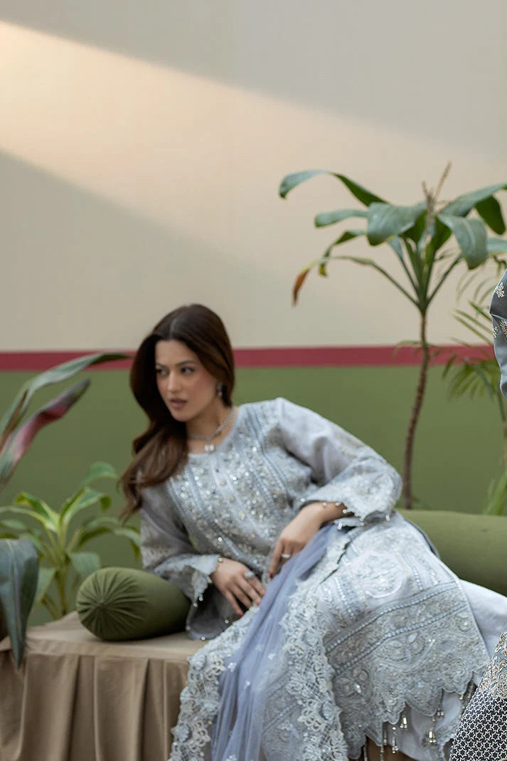 Soft Icy Grey & Silver Embroidered Organza Suit | Ready To Wear