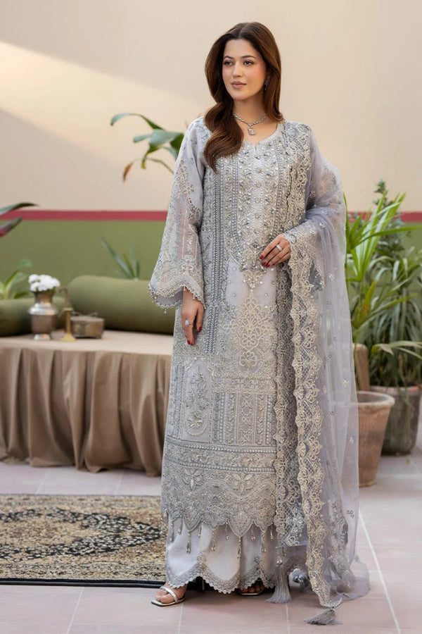 Soft Icy Grey & Silver Embroidered Organza Suit | Ready To Wear