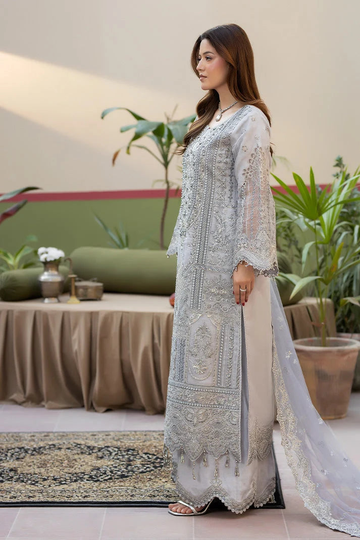 Soft Icy Grey & Silver Embroidered Organza Suit | Ready To Wear