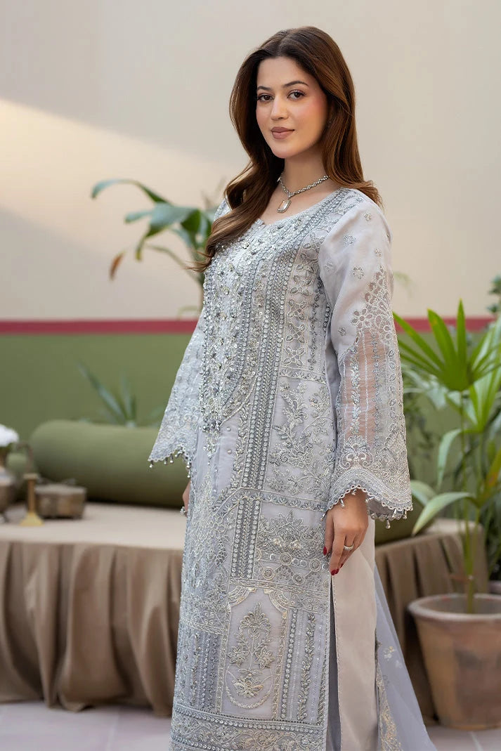 Soft Icy Grey & Silver Embroidered Organza Suit | Ready To Wear