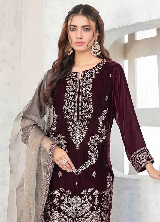 3 Piece Stitched Velvet Suit - Ready To Wear
