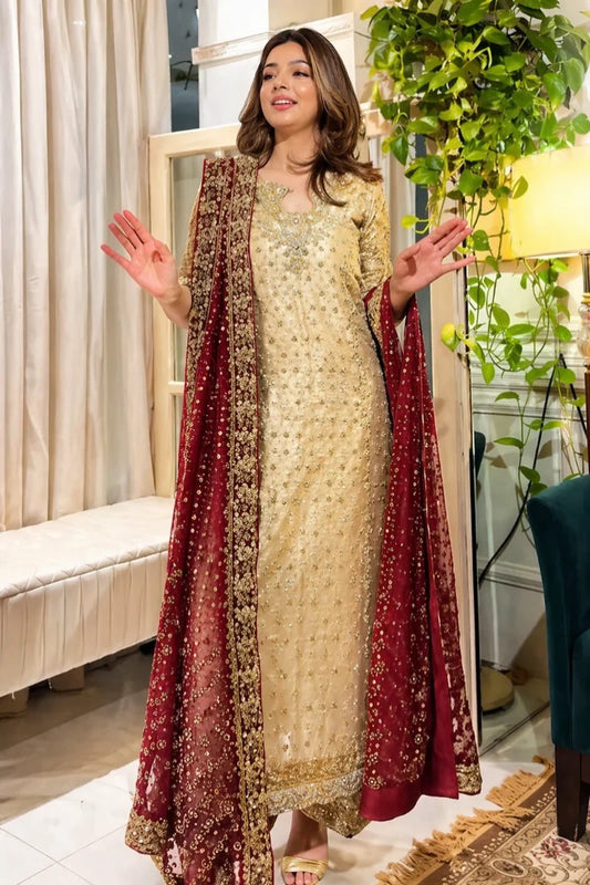 Shimmering Gold & Deep Maroon Embroidered 03-Piece Suit | Ready To Wear
