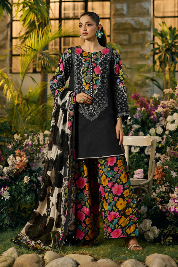 Black & Neon Floral Accent: Printed Lawn Suit | Ready To Wear