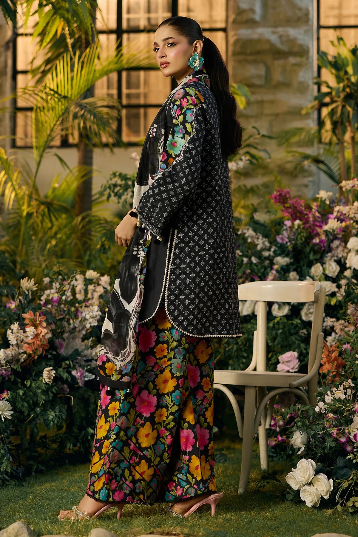 Black & Neon Floral Accent: Printed Lawn Suit | Ready To Wear