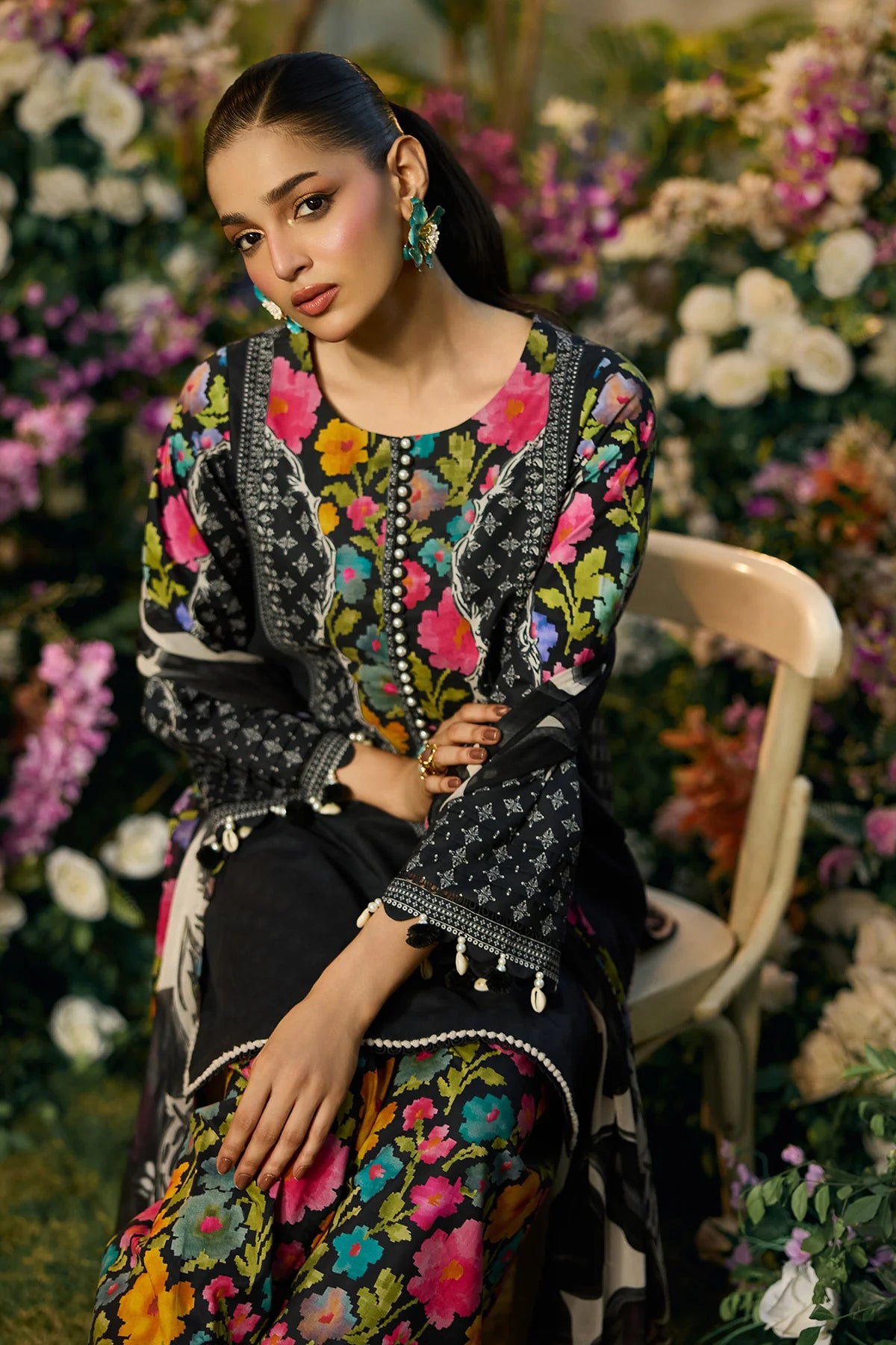 Black & Neon Floral Accent: Printed Lawn Suit | Ready To Wear