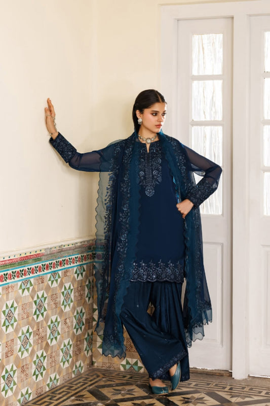 Midnight Blue Embroidered Chiffon 3-Piece Suit