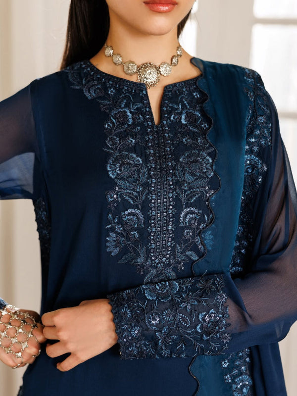 Midnight Blue Embroidered Chiffon 3-Piece Suit