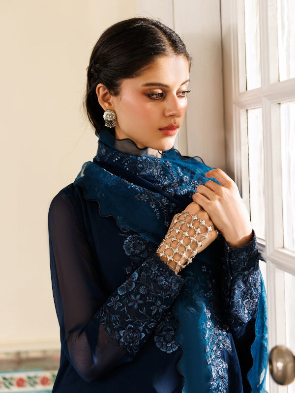 Midnight Blue Embroidered Chiffon 3-Piece Suit