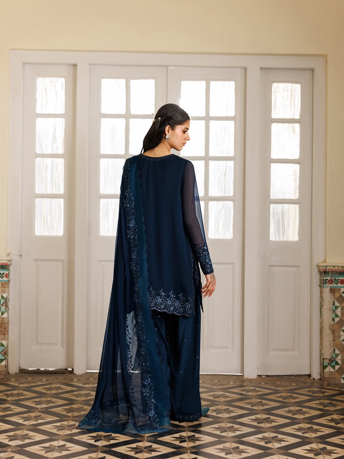 Midnight Blue Embroidered Chiffon 3-Piece Suit