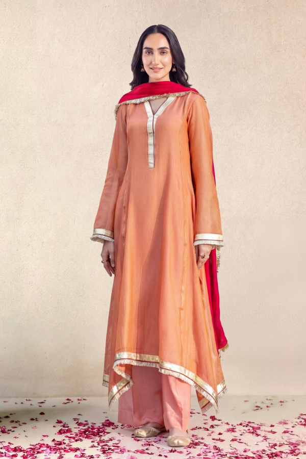 Mishry Peach & Hot Pink - 03-Piece Zari Net Suit | Ready To Wear