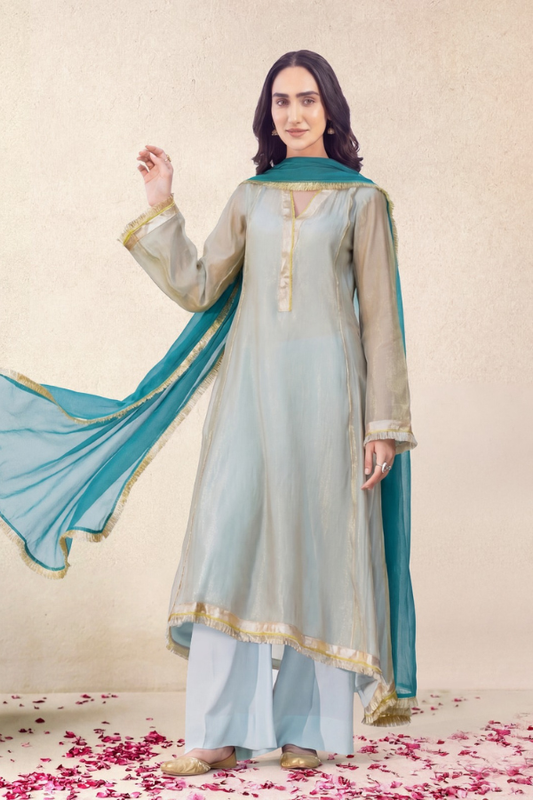 Mishry Aqua & Turquoise - 03-Piece Zari Net Suit | Ready To Wear