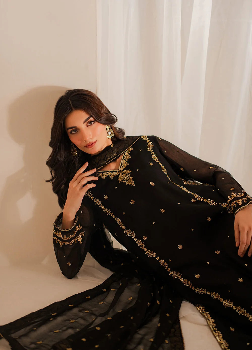 Black & Maroon: Embroidered Chiffon Suit With Malai Trouser | Ready To Wear
