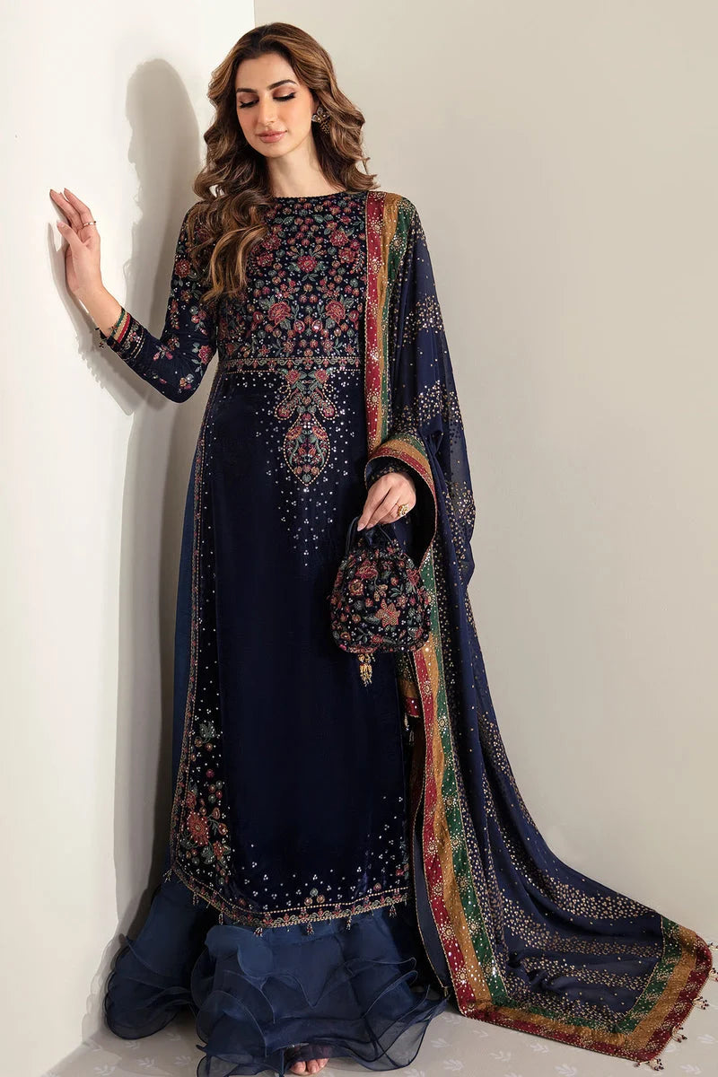 Navy Blue & Multi-Color: Velvet Embroidered Suit | Ready To Wear