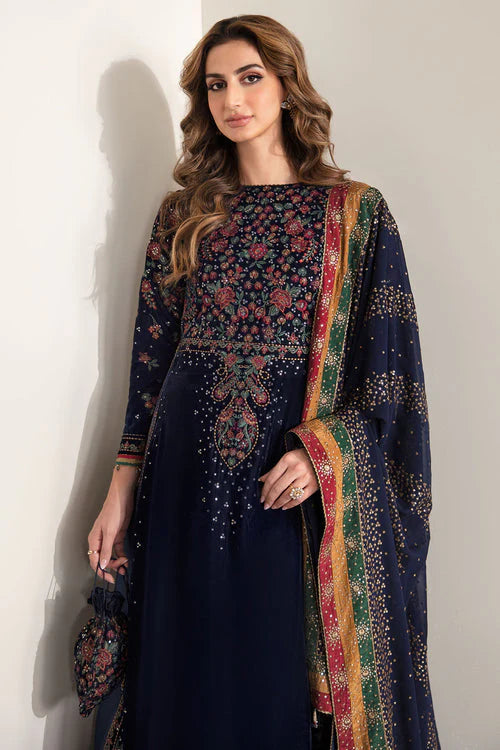 Navy Blue & Multi-Color: Velvet Embroidered Suit | Ready To Wear