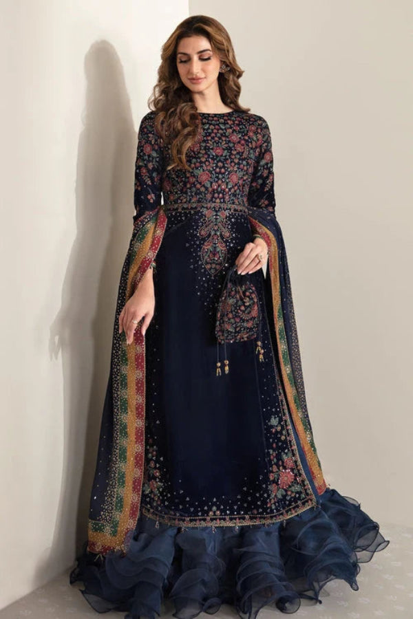Navy Blue & Multi-Color: Velvet Embroidered Suit | Ready To Wear