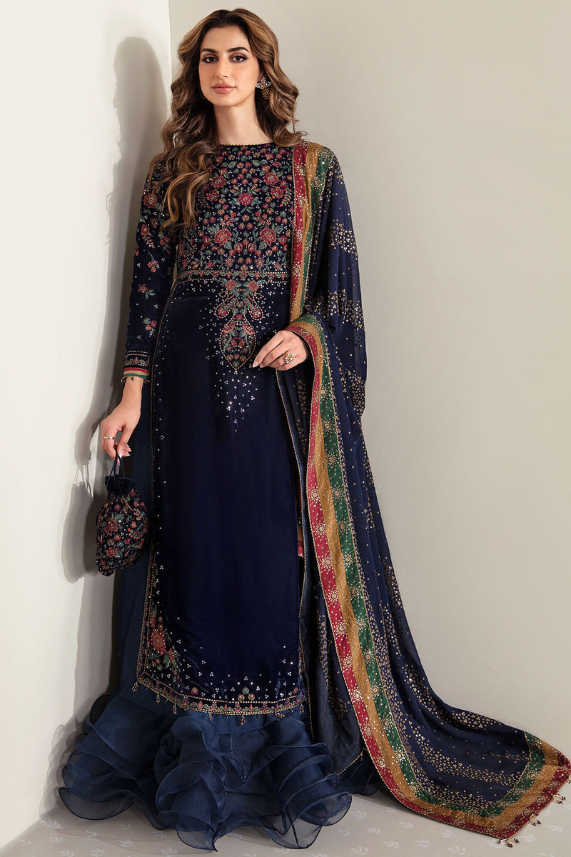 Navy Blue & Multi-Color: Velvet Embroidered Suit | Ready To Wear